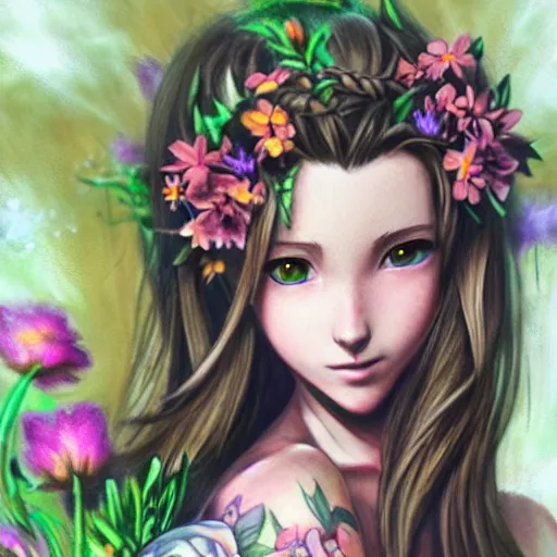 Image similar to concept art of aerith gainsborough with tattoos, amongst flowers, high quality, detailed, trending on artstartion