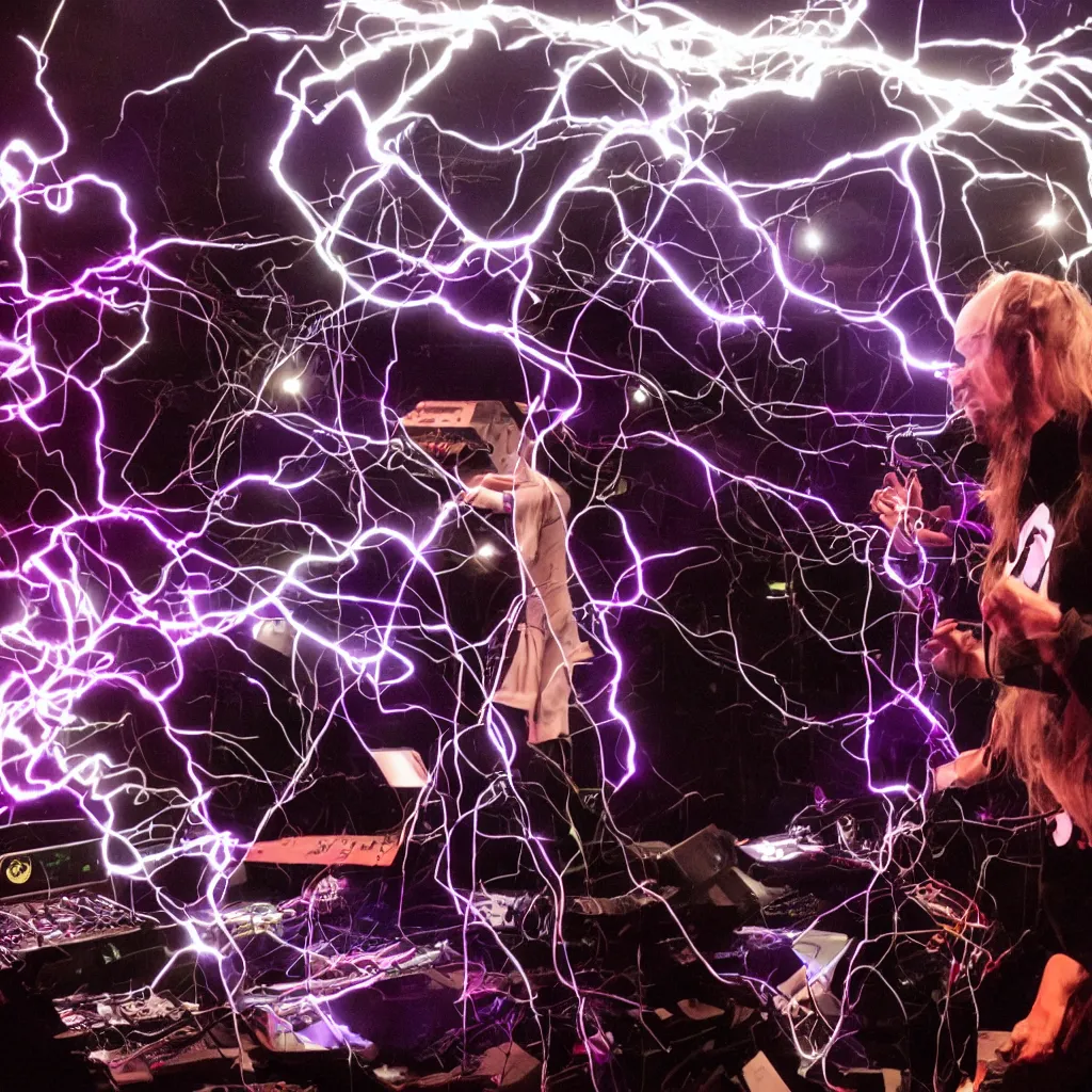 Prompt: A Warlock performing with a modular synthesizer, lightning in the background, high quality