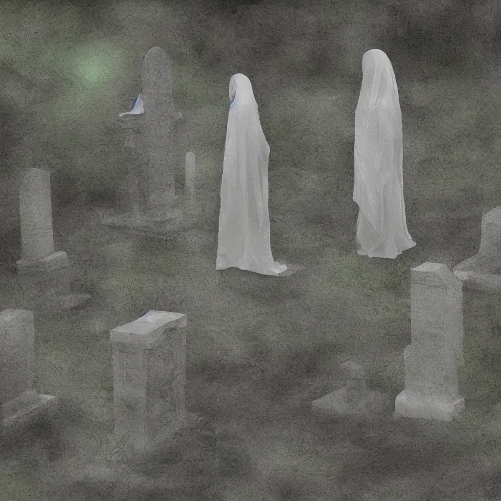 Image similar to a ghost visiting its own grave, digital art