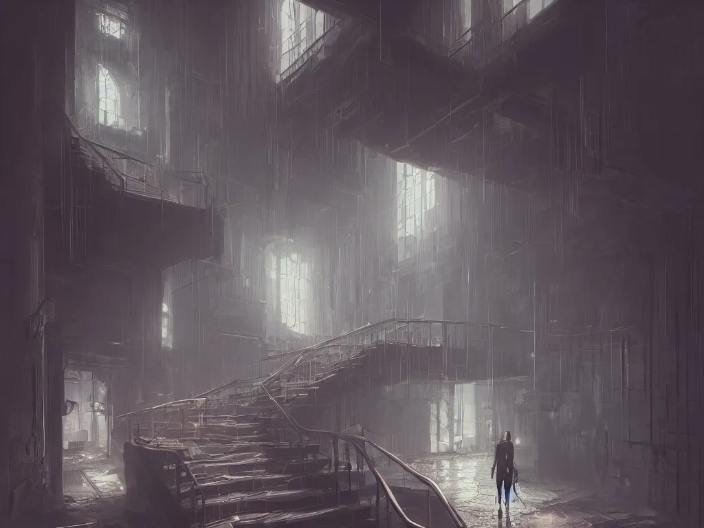 Prompt: a gloomy long staircase at the end in the depth is a door with illuminated sign, digital painting, concept art, smooth, sharp focus, hyperrealistic, illustration, artstation trending, octane render, unreal engine, ambient light, dynamic lighting, magical, dark vibes, Cyberpunk 2077