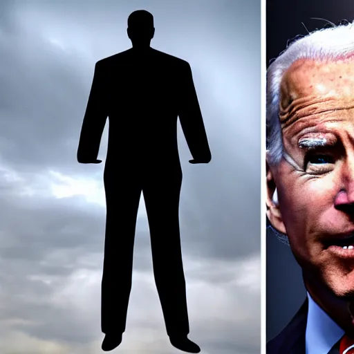 Prompt: Giant Mega Chad Dark Mode Joe Biden looming over a thunderstorm