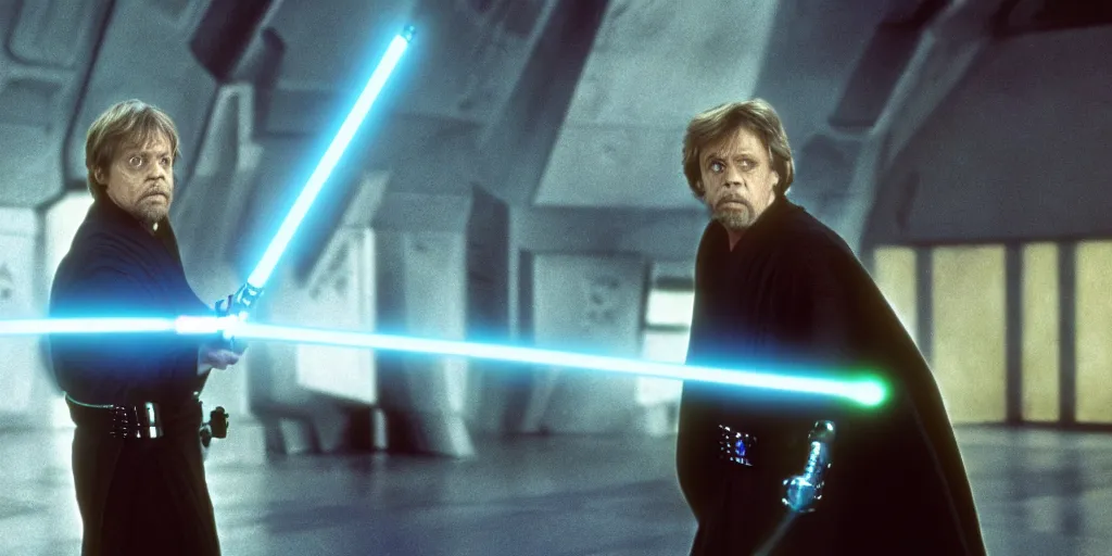 Image similar to A full color still of Mark Hamill as Jedi Master Luke Skywalker having a lightsaber fight with Sith Lords, with large windows showing a sci-fi city outside, at dusk at golden hour, IMAX, wideshot, from The Phantom Menace, directed by Steven Spielberg, 1997