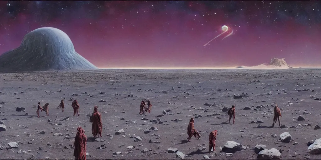 Prompt: supernova, planet with icy volcano on ground surface, people stranding, wandering endesslym desert, extraterrestial sky, stars, painted by steve mccurry, ruan jia, raymond swanland, lawrence alma tadema, zdzislaw beksinski, norman rockwell, jack kirby, tom lovell, alex malveda, greg staples