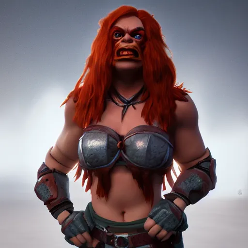 Image similar to beautiful redhead girl orc, clash royal style characters, unreal engine 5, octane render, detailed, cinematografic, cinema 4 d