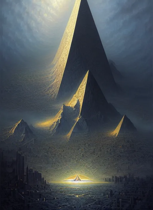 Prompt: massive black pyramid floating above los angeles, intricate, elegant, highly detailed, digital painting, artstation, concept art, smooth, sharp focus, illustration, artgerm, tomasz alen kopera, peter mohrbacher, donato giancola, joseph christian leyendecker, wlop, boris vallejo