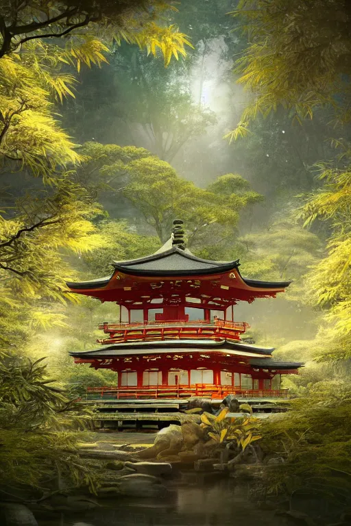 Image similar to Japanese Buddhist temple in the middle of a forest of bonsai and bamboo, powerfull, intricate, elegant, volumetric lighting, digital painting, highly detailed, artstation, sharp focus, illustration, concept art, ruan jia, steve mccurry