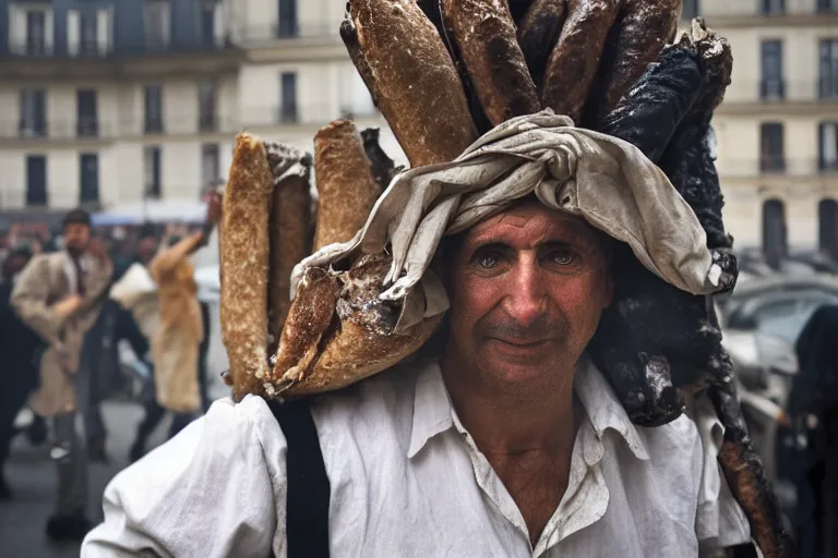 Prompt: closeup potrait of a man carrying baguettes over his head during a scorching fire in Paris, photograph, natural light, sharp, detailed face, magazine, press, photo, Steve McCurry, David Lazar, Canon, Nikon, focus