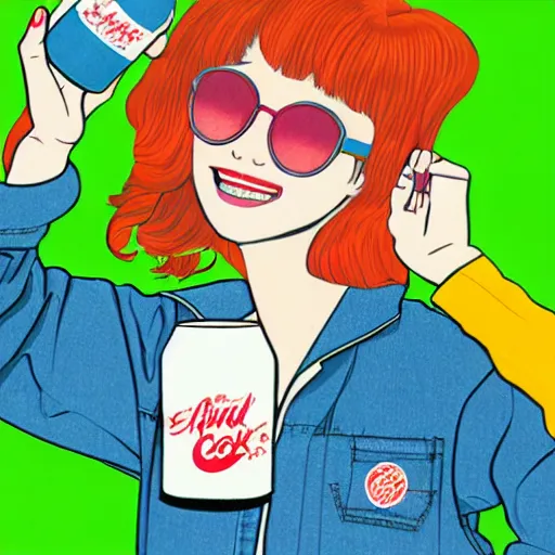 Image similar to y 2 k aesthetic japanese pop - culture magazine illustration, girl in tank - top and denim jump suit holding a can of soda near her smiling face