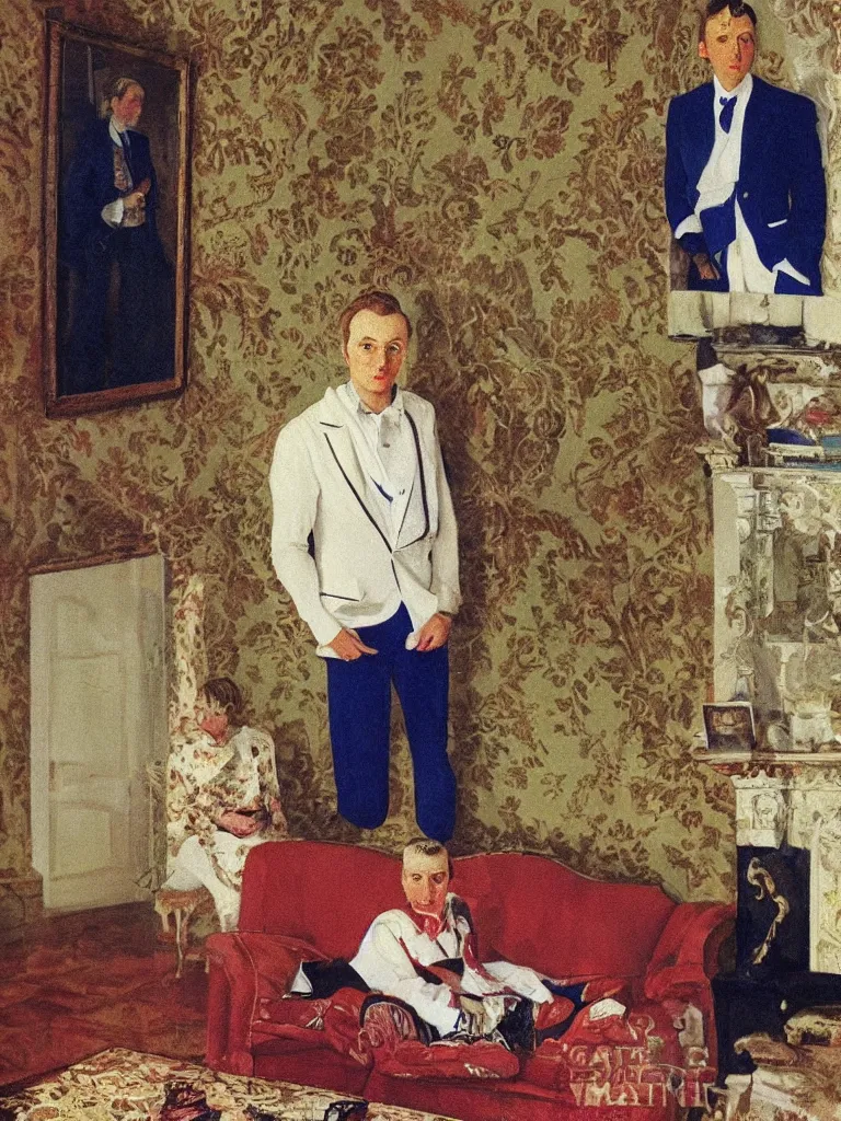 Image similar to olympic russian athlete young man posing in his living room, his grandparents are sitting on the coach behind him, by Konstantin Somov, 1987.