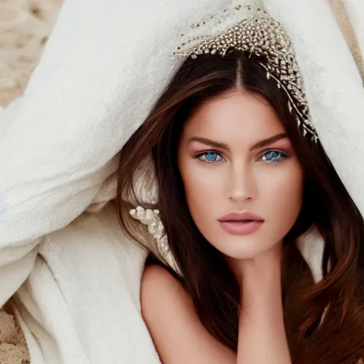 Prompt: female supermodel wearing jewelry, luxurious photoshooting, white blanket, beach, renessaince fresco painting