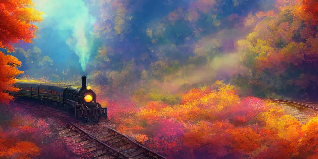 Image similar to A beautiful illustration of beautiful Hogwarts train, autumn, leaves, trees, steam, iridescent, pink, golden, orange, smoke, wide angle, by makoto shinkai, Wu daozi, very detailed, deviantart, 8k, wallpaper, tropical, colorful, airy, anime illustration, anime nature wallpap