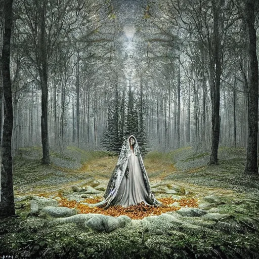 Image similar to heroinchic immaculate painting of A Beautiful fine detailed Forest Illusion by erik johansson with specular highlights with hints of gold and diamonds and pearls in various flavours, micro detailing populated by organic crystals