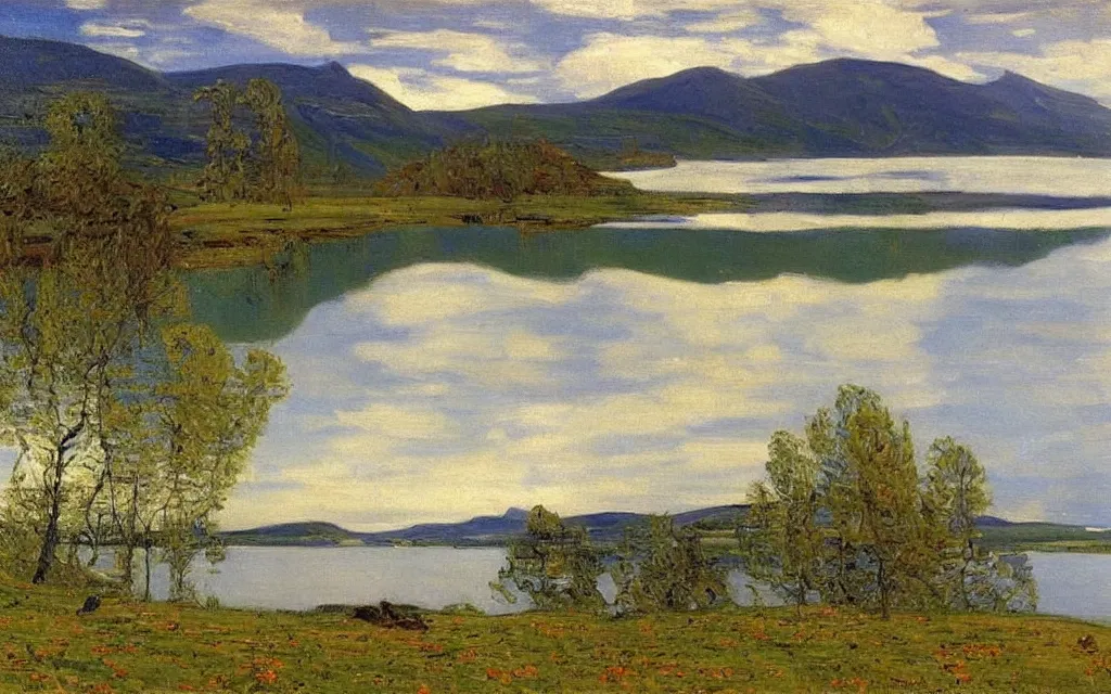 Image similar to a painting of large lake in norway, spring, oil on canvas, by peder severin kroyer