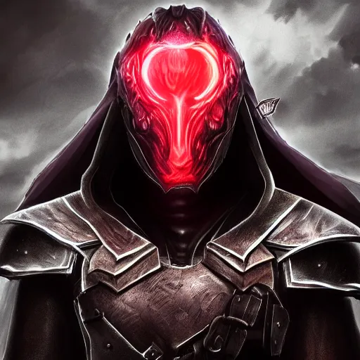 Image similar to a highly detailed character portrait of a man wearing a epic shadow armor with glowing red eyes