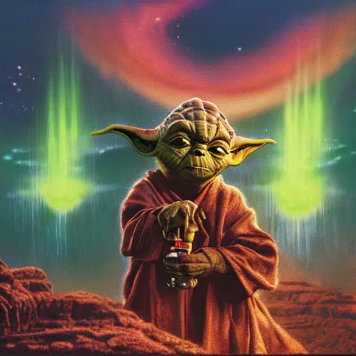 Image similar to still from the show dinsaurs, yoda as the baby from the show dinosaurs(1991 tv show), overwhelming energy, detailed background by m. w. kaluta + bruce pennington, dark side, neon color, three moons, tiny stars, volumetric lighting, colorful vapor, deep dark color, floating molecules, digital painting, oil painting, artwork by ralph mcquarrie + cory loftis + andreas rocha + paul lehr + ian mcque + eddie mendoza