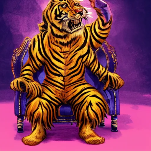 Image similar to a wizard is sitting on a chair as a tiger , dynamic pose, chromatic aberration , medium level shot, fantasy, illustration, concept art,
