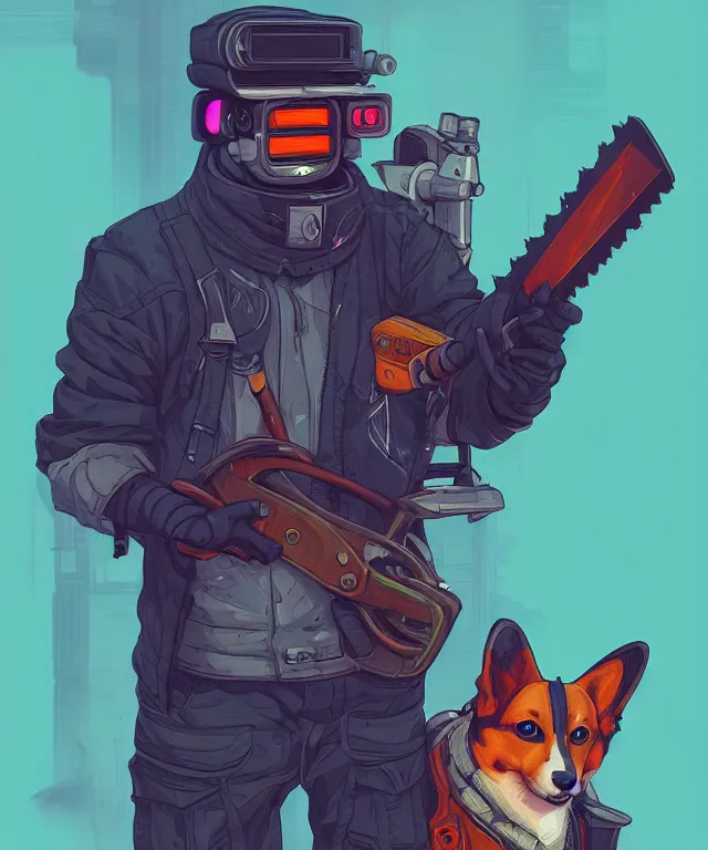 Image similar to a portrait of a cyberpunk corgi holding a chainsaw, fantasy, elegant, digital painting, artstation, concept art, matte, sharp focus, illustration, art by josan gonzalez