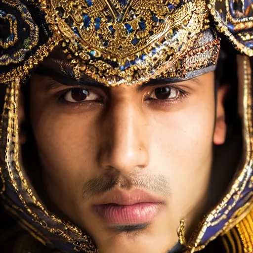 Prompt: a portrait of a beautiful young pakistani male wearing an alexander mcqueen armor , photographed by andrew thomas huang, artistic