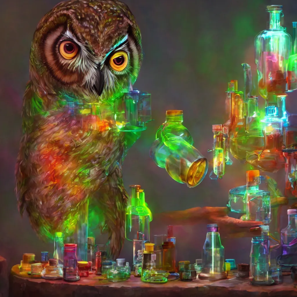 Prompt: an owl - sorcerer mixing colored liquids in vials in his science lab, photorealistic character concept artstation