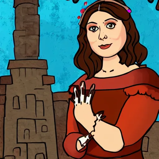 Prompt: rachel bloom as an animated princess looking at a jesus statue covered in bloody severed hands, set in a medieval world, digital art