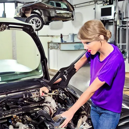 Prompt: taylor swift as a mechanic fixing a purple car