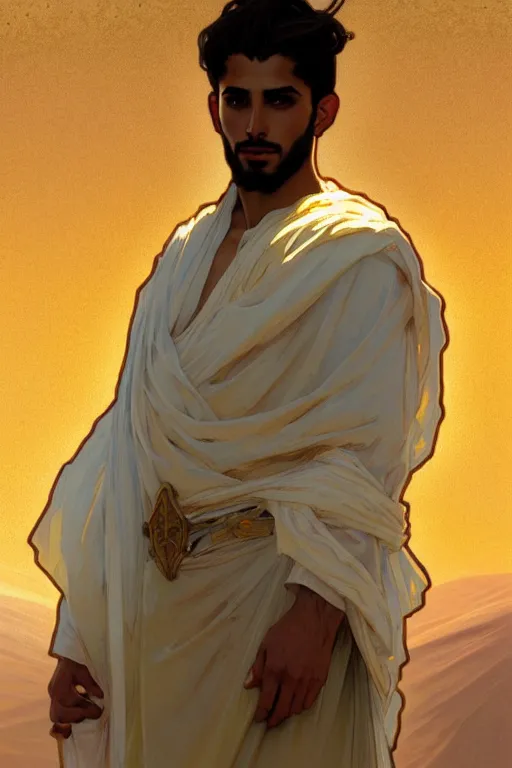 Prompt: full figure beautiful young arab man, luminous scene, by greg rutkowski and alphonse mucha, d & d character, gradient white to gold, in front of a dune desert background, highly detailed portrait, digital painting, artstation, concept art, smooth, sharp focus illustration, artstation hq