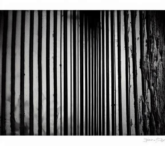 Prompt: Paul Barson's 'wide shot of laughing bloody gigachad behind vertical bars', dark, high contrast, high exposure photo