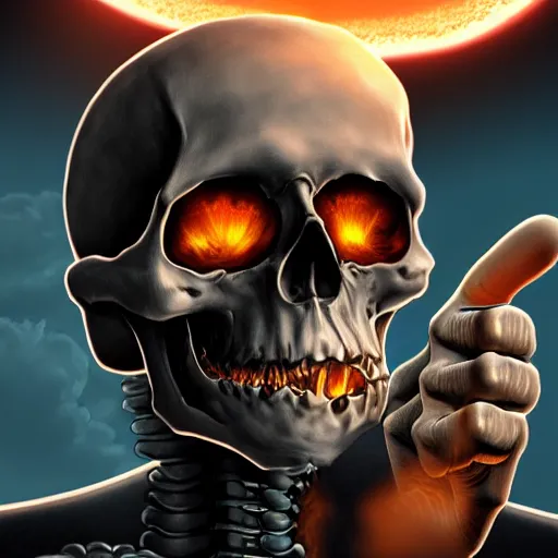 Prompt: beautiful portrait of skeleton with thumbs up, nuclear explosion in the background, trending on Artstation