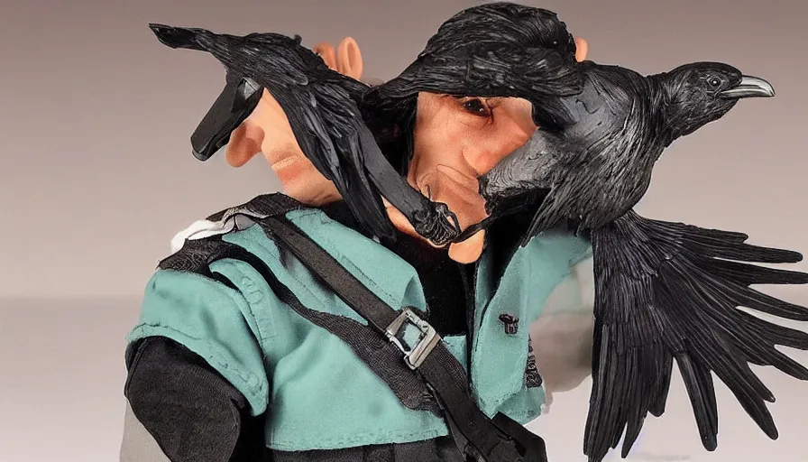 Prompt: action figure in package, man with raven as a head, collectors edition, mint condition