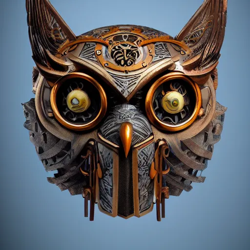 Image similar to steampunk tribal mask, owl, japanese pottery, vivid colors, wood, metal, intricate details, trending on cgsociety, concept art, glowing eyes, sharp focus, ultra realistic details, cinematic atmosphere, global illumination, shadows
