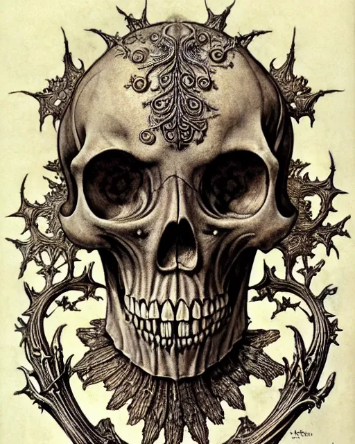 Image similar to memento mori by arthur rackham, art forms of nature by ernst haeckel, exquisitely detailed, art nouveau, gothic, ornately carved beautiful skull dominant, intricately carved antique bone, art nouveau botanicals, ornamental bone carvings, art forms of nature by ernst haeckel, horizontal symmetry, arthur rackham, ernst haeckel, symbolist, visionary