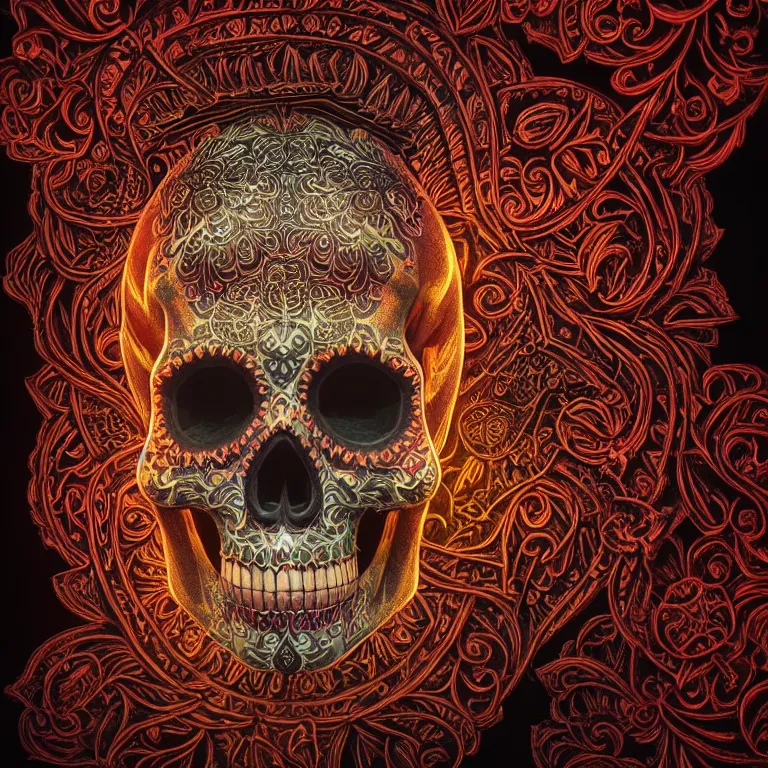 Image similar to a highly detailed photographic render of intricately carved sugar skull, psychedelic, black background, neon light, intricate ornament, gilding, horror, dark fantasy, beautifully lit, ray traced, octane 3D render in the style of Gerald Brom and James Gurney