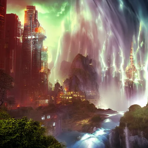 Image similar to a fantasy city with waterfalls gothic cyberpunk, cinematic lightning, clouds epic ultrawide