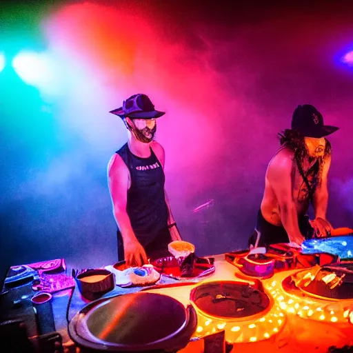 Image similar to scandy and arender, cooking it up, hot hot hot, splash, ahhhhhhh, roomies, bohemian digitals, playing a live gig at ozora festival, night time, colored lights, stroboscope, fog machine, no faces visible, huge crowd, ecstatic, photorealistic photography