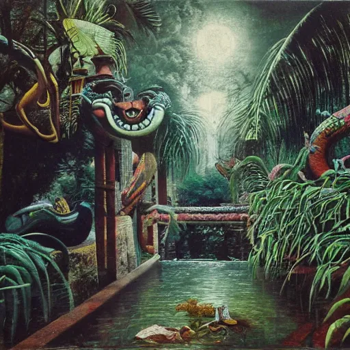 Image similar to high quality, high detail painting, dutch masterpiece, fluxus, film noir, ernst haekl, empty scene in las pozas with quetzalcoatl at night, hd, muted lighting