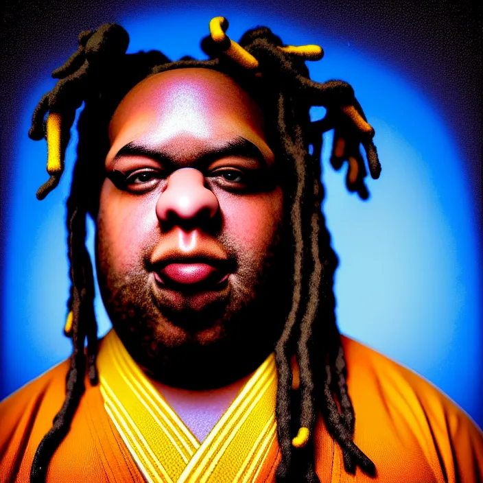Prompt: hyperrealistic mixed media portrait of a moridly obese black man with dreads wearing a gi, doing martial arts, stunning 3d render inspired art by P. Craig Russell and Barry Windsor-Smith + perfect facial symmetry + dim volumetric lighting, 8k octane beautifully detailed render, post-processing, extremely hyperdetailed, epic composition, grim yet sparkling atmosphere, cinematic lighting + masterpiece, trending on artstation