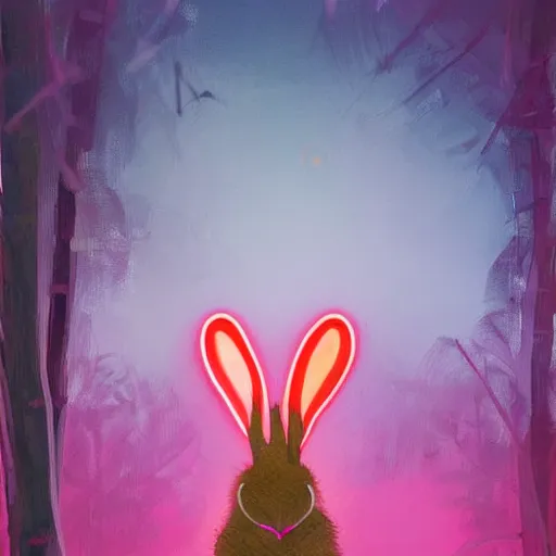 Image similar to a painting of a rabbit in the shrubs at night with a pink neon heart above it, a digital painting by Peter Mohrbach and liam wong, behance contest winner, art on instagram, digital painting, retrowave