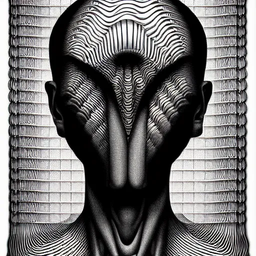 Prompt: airbrush and isograph polish poster conceptual figurative post - morden monumental portrait made by escher and giger, highly conceptual figurative art, intricate detailed illustration, illustration sharp geometrical detail, vector sharp graphic, controversial poster art, polish poster art