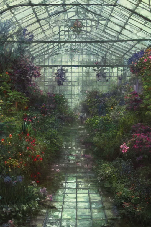 Image similar to a beautiful painting of a greenhouse, rainy, gloomy and depressed, dark, shimmering and prismatic, lumion render, rococo, by krenz cushart and mucha and monet, trending on artstation.