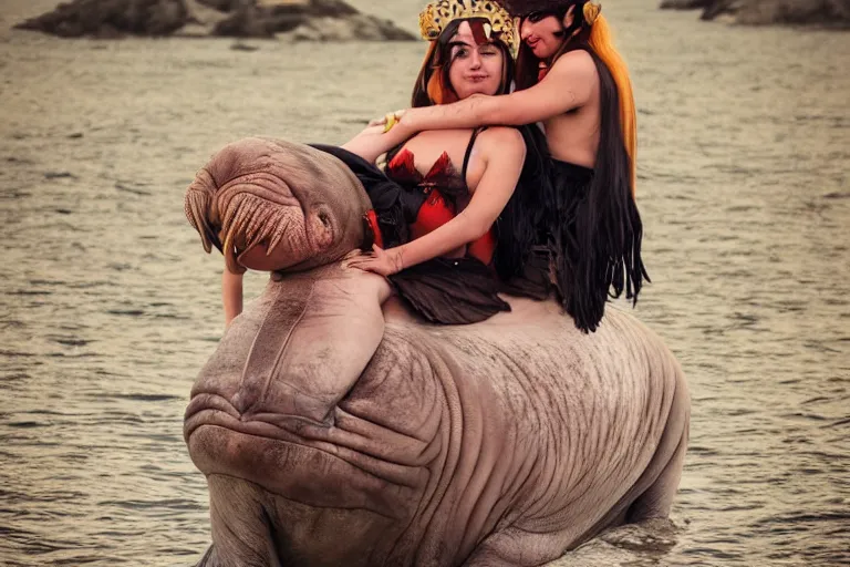 Prompt: a beautiful woman riding on the back of a walrus, cosplay, photoshoot