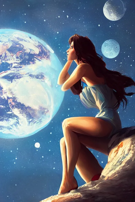 Image similar to Beautiful Woman sitting on the moon with a view of the earth in the background, digital painting, highly detailed, artstation, concept art, smooth, sharp focus, illustration.