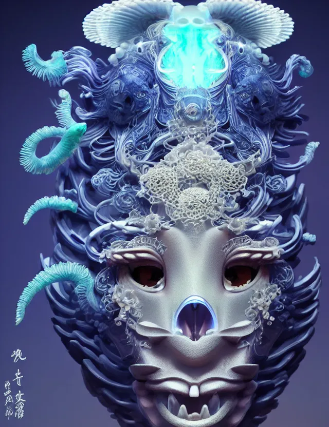 Image similar to 3 d goddess close - up frontal portrait with ram skull. beautiful intricately detailed japanese crow kitsune mask and clasical japanese kimono. betta fish, jellyfish phoenix, bio luminescent, plasma, ice, water, wind, creature, artwork by tooth wu and wlop and beeple and greg rutkowski