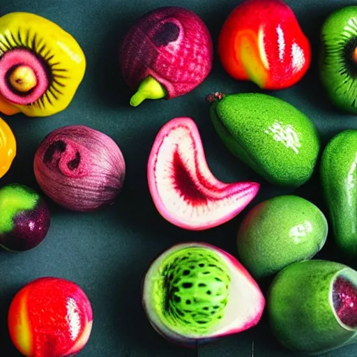 Prompt: 8k photos of alien fruits. Extremely detailed, sharp, nikon