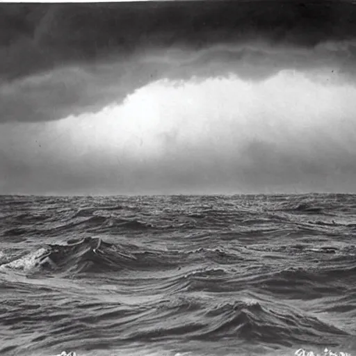 Prompt: giant anomalous creature in the middle of a violent stormy ocean, 1910s photograph
