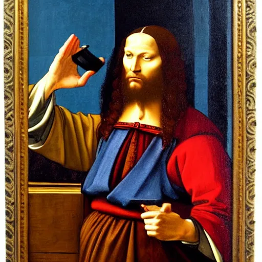 Image similar to nikolaus making a sales call. oil painting. da vinci. extremely detailed