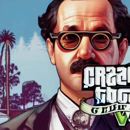Prompt: illustration gta 5 artwork of albert einstein, sunglasses, in the style of gta 5 loading screen, by stephen bliss, artstation