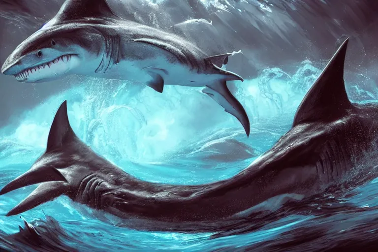 Image similar to giant shark in a huge whirlpool, concept art, digital painting, trending on artstation, highly detailed, epic composition, 8 k uhd