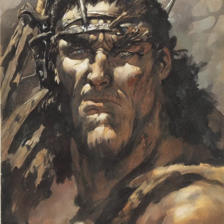 Image similar to closeup portrait of a barbarian by frank frazetta, head facing directly front on