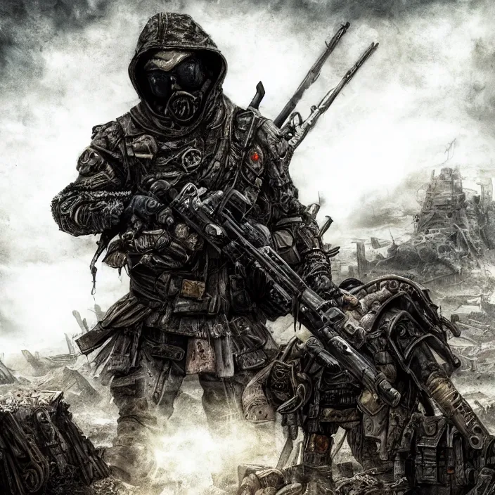 Image similar to gritty hooded apocalyptic man shouldering laser - rifle surrounded by destroyed machine, hyper - detailed, sharp focus, 4 k ultra hd, fantasy dark art, apocalyptic art