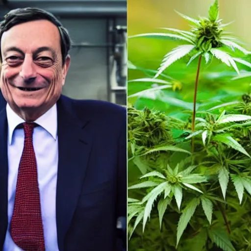 Image similar to Mario Draghi becomes a hemp farmer growing weed with snoop Dogg